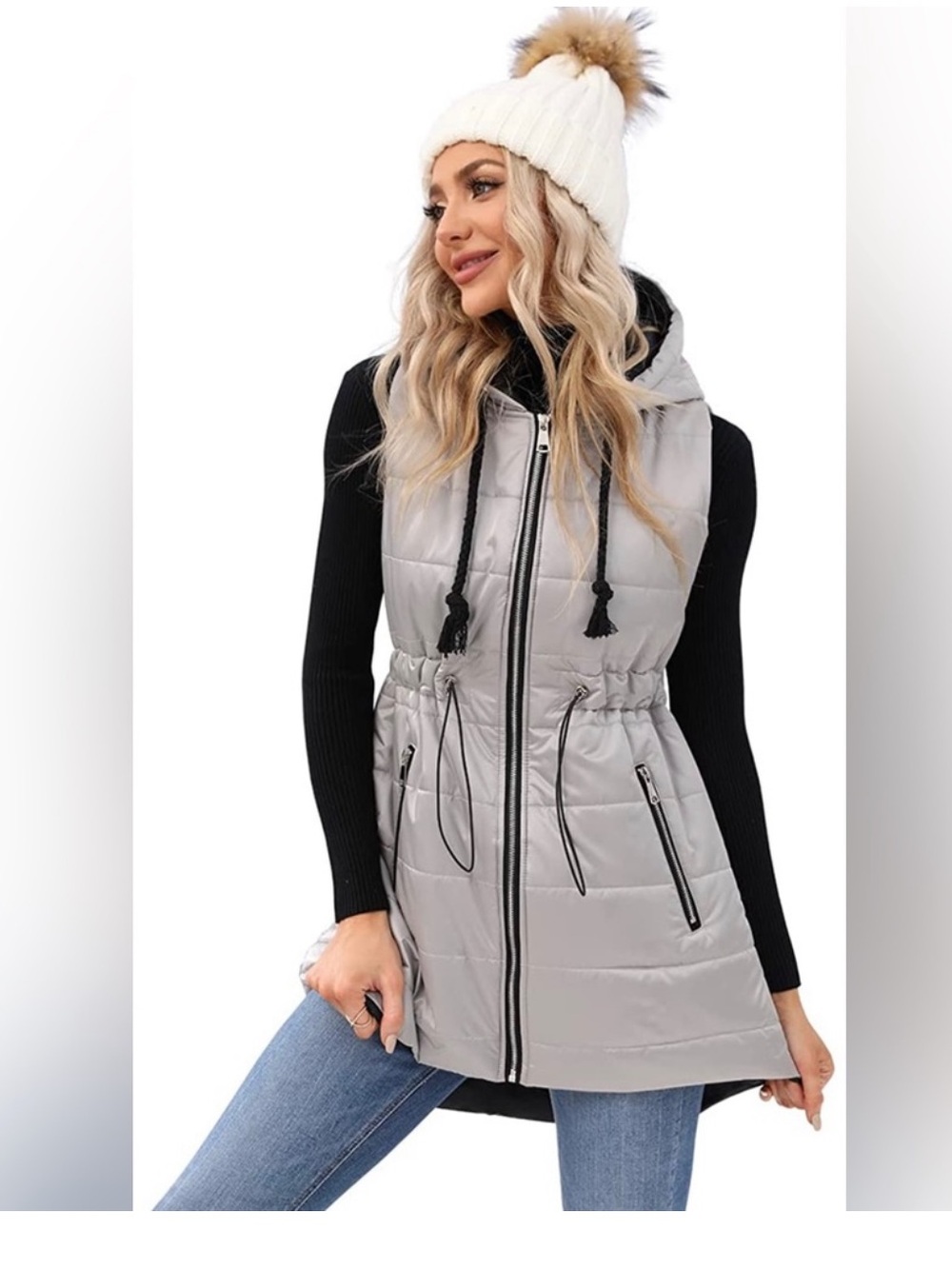 Women’s Long Quilted Hooded Vest - Light Gray, Silver reflective